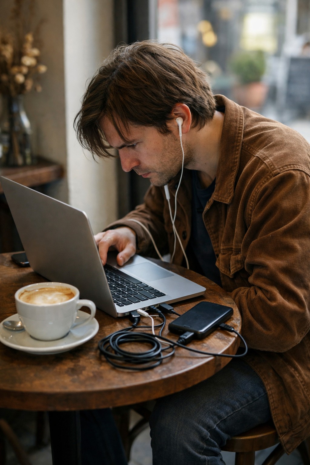 Scene 1 — Bad laptop posture creates the problem instantly.