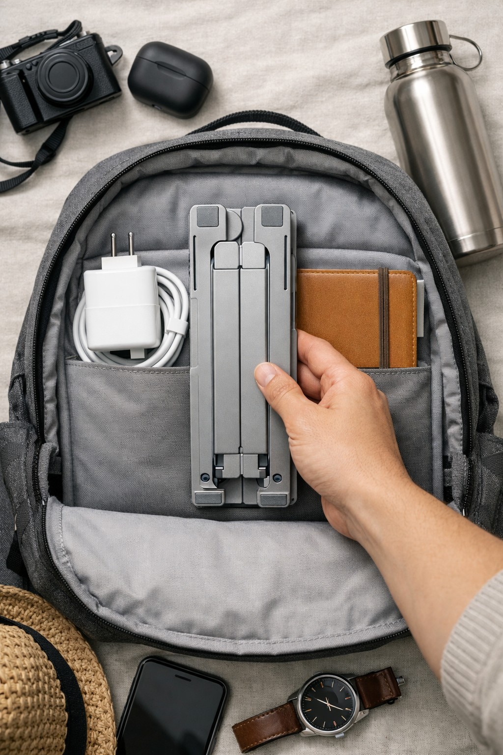 Scene 4 — Fold-flat portability shown in the bag.
